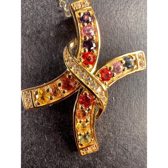 NEW Rainbow sapphire curved cross pendant and chain in gold over sterling silver - Picture 7 of 13